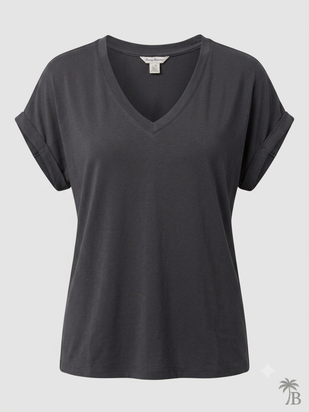 Tommy Bahama Black V-Neck Modal Blend Cuffed Sleeve Tee L